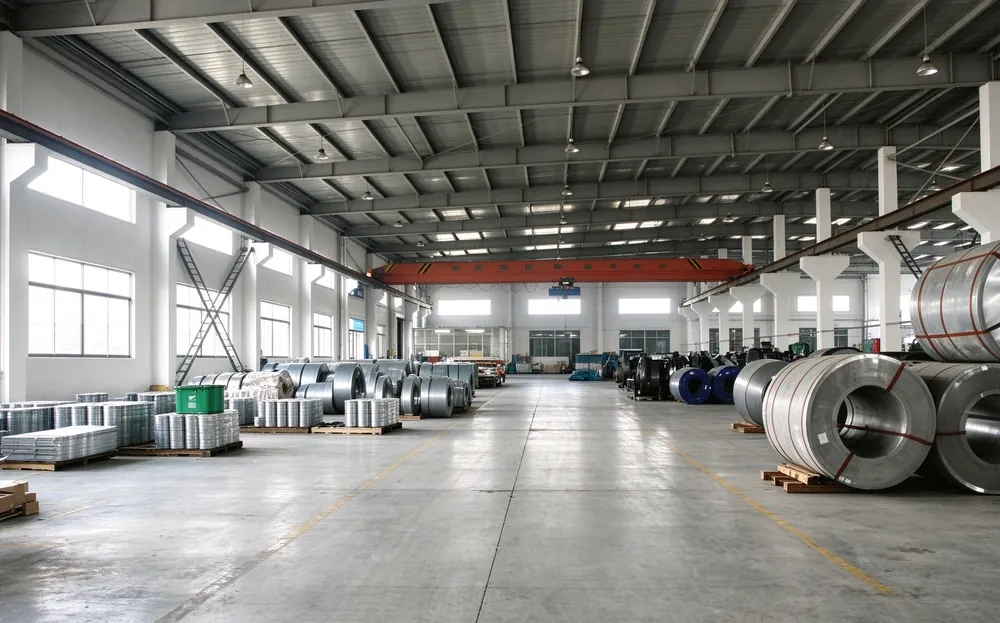 Stainless steel and carbon steel coils stored at Aunov Tech material warehouse