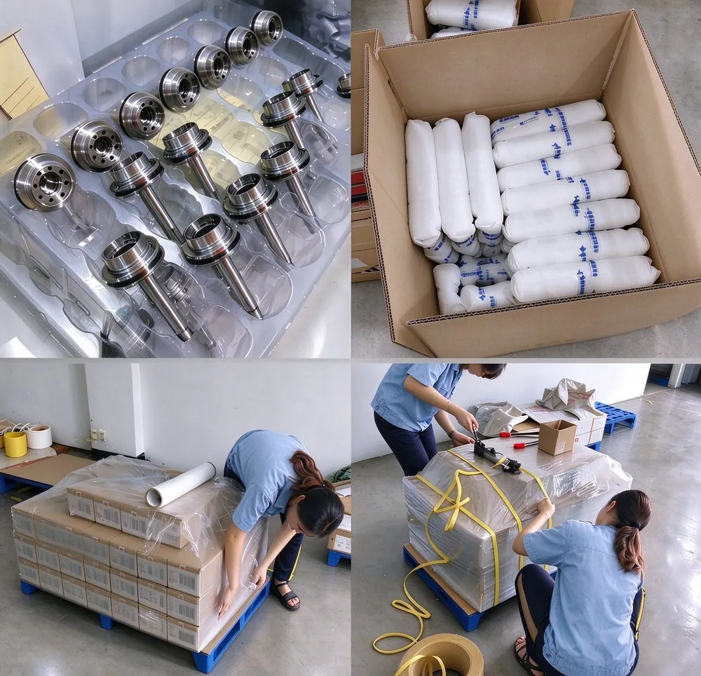 Export packing line protecting deep drawn and stamped parts for shipment