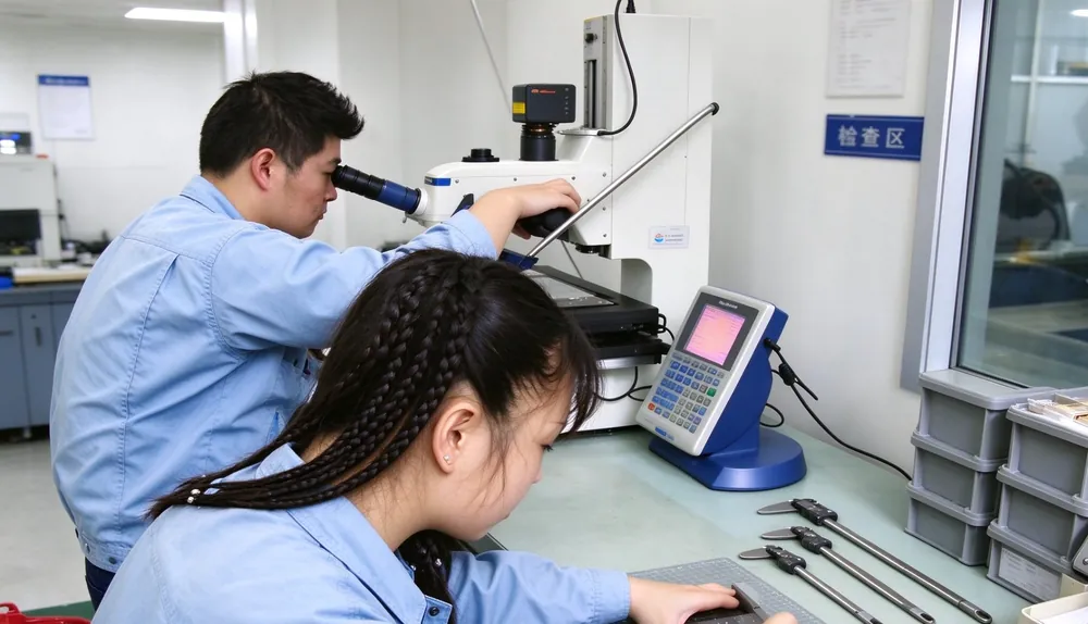 QC inspector checking deep drawn parts with toolmaker microscope and caliper